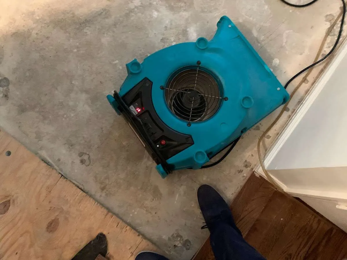 Air mover drying subfloor during Commercial Water Damage Restoration in Beaumont